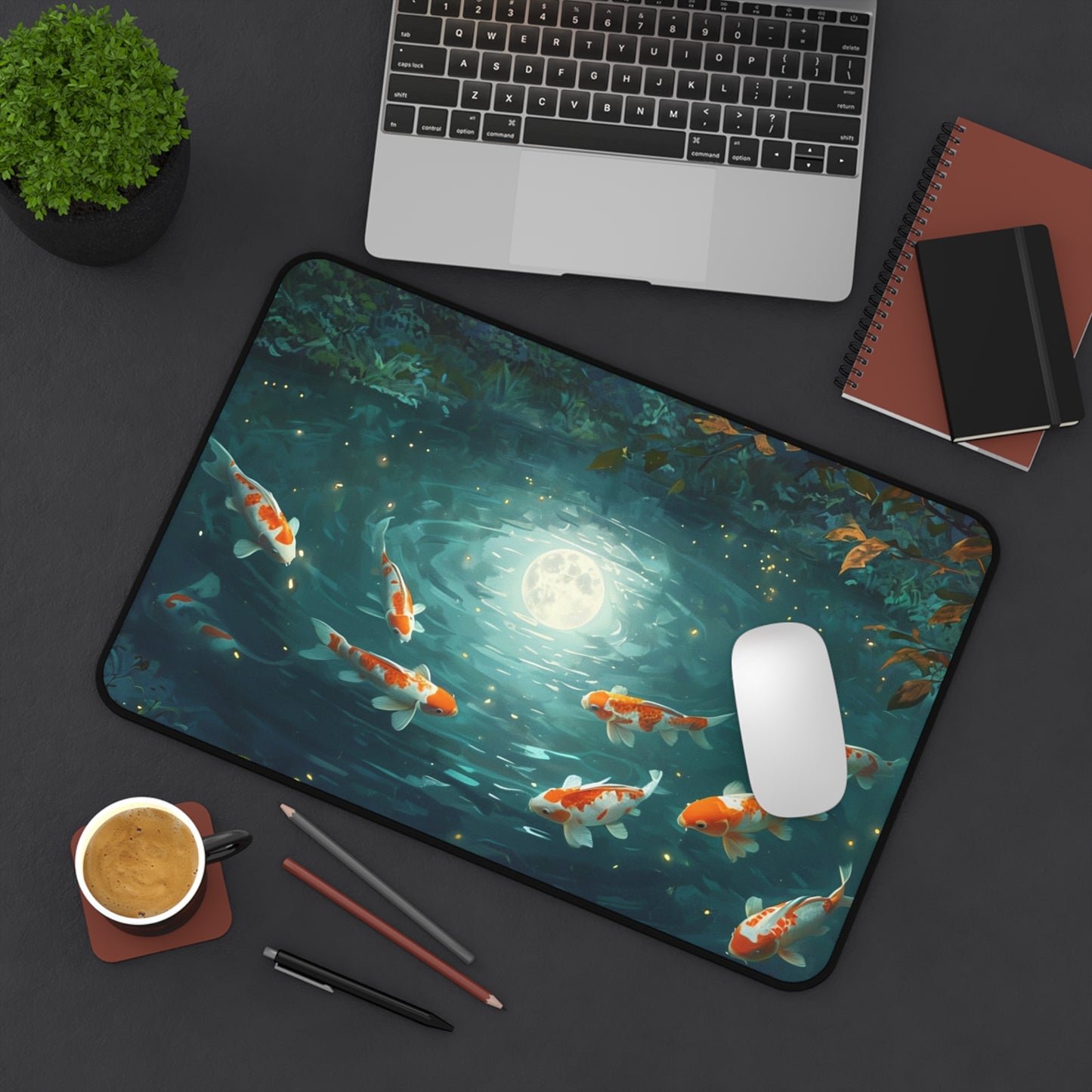 Calm pond mouse pad with colorful Zen fish and a Autumn  tree.