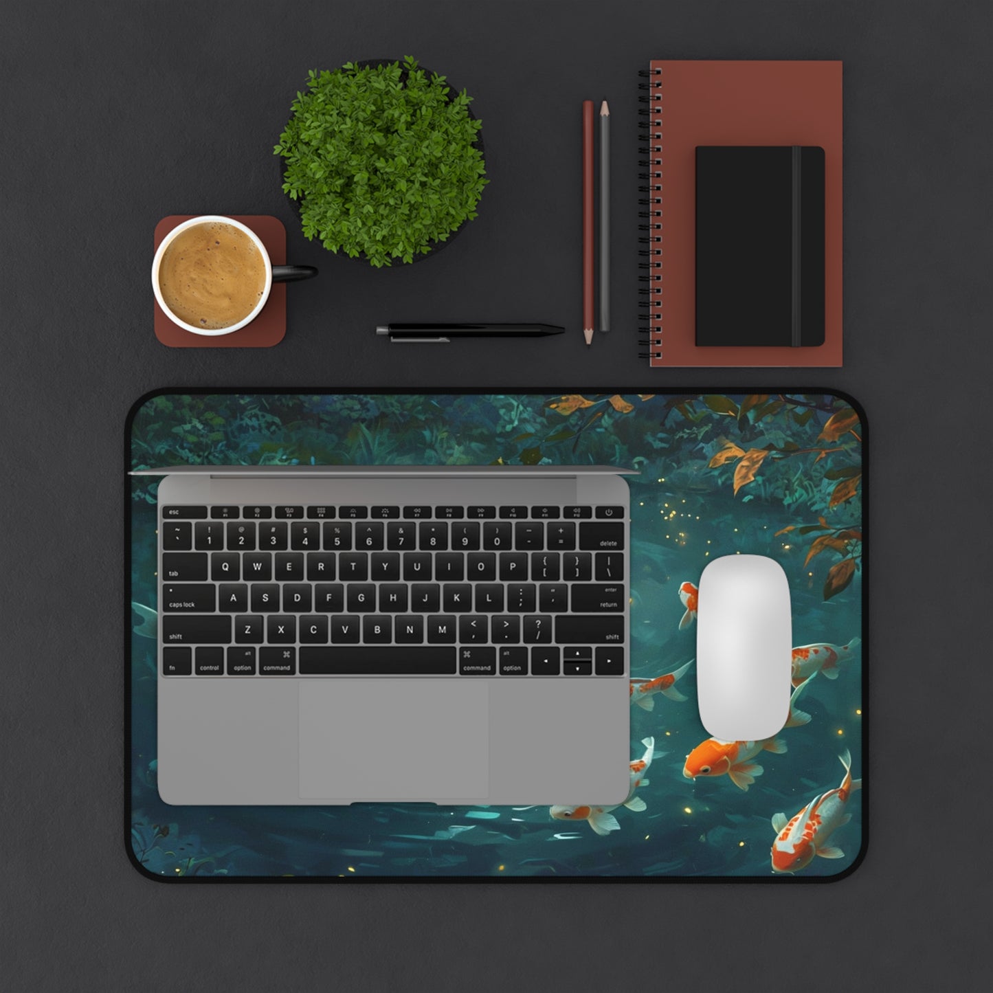 Calm pond mouse pad with colorful Zen fish and a Autumn  tree.