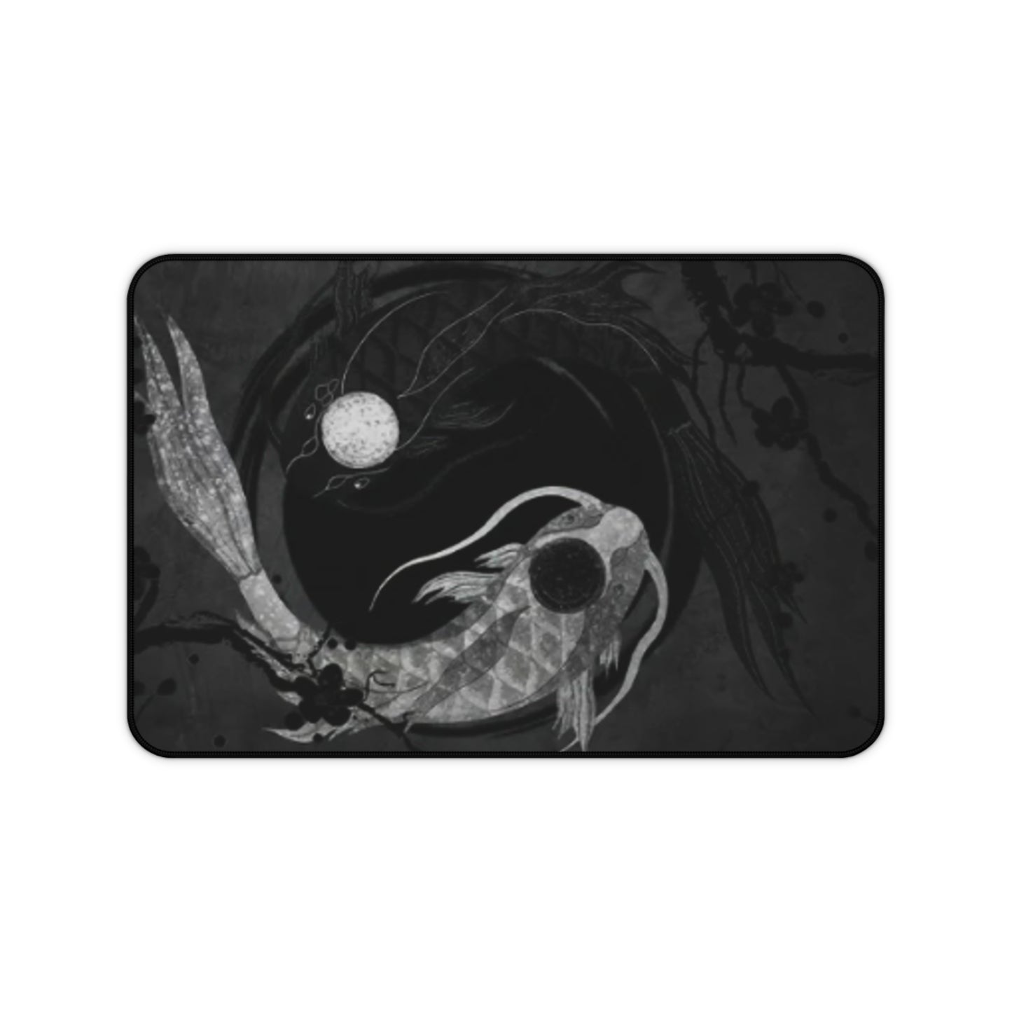 Minimalist mouse pad with a serene yin-yang inspired pond design, calm and balanced.
