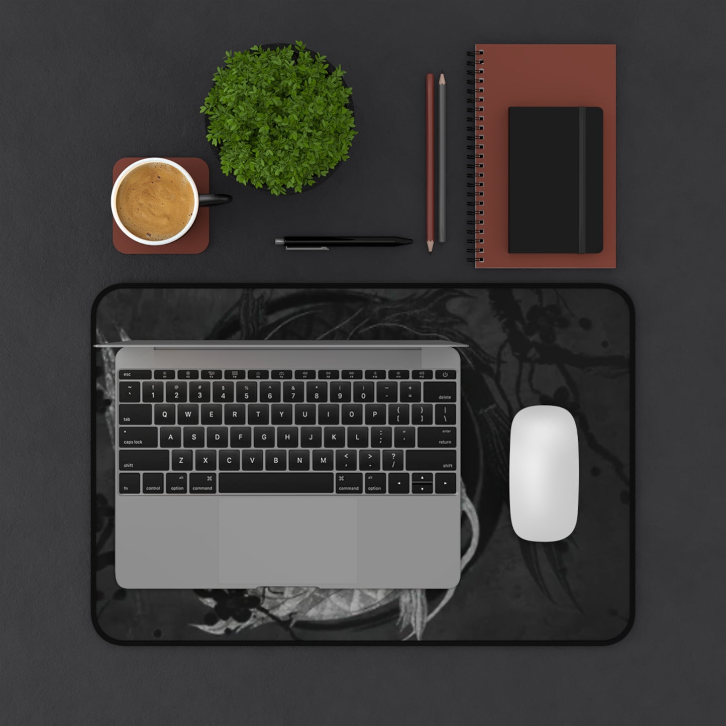 Minimalist mouse pad with a serene yin-yang inspired pond design, calm and balanced.