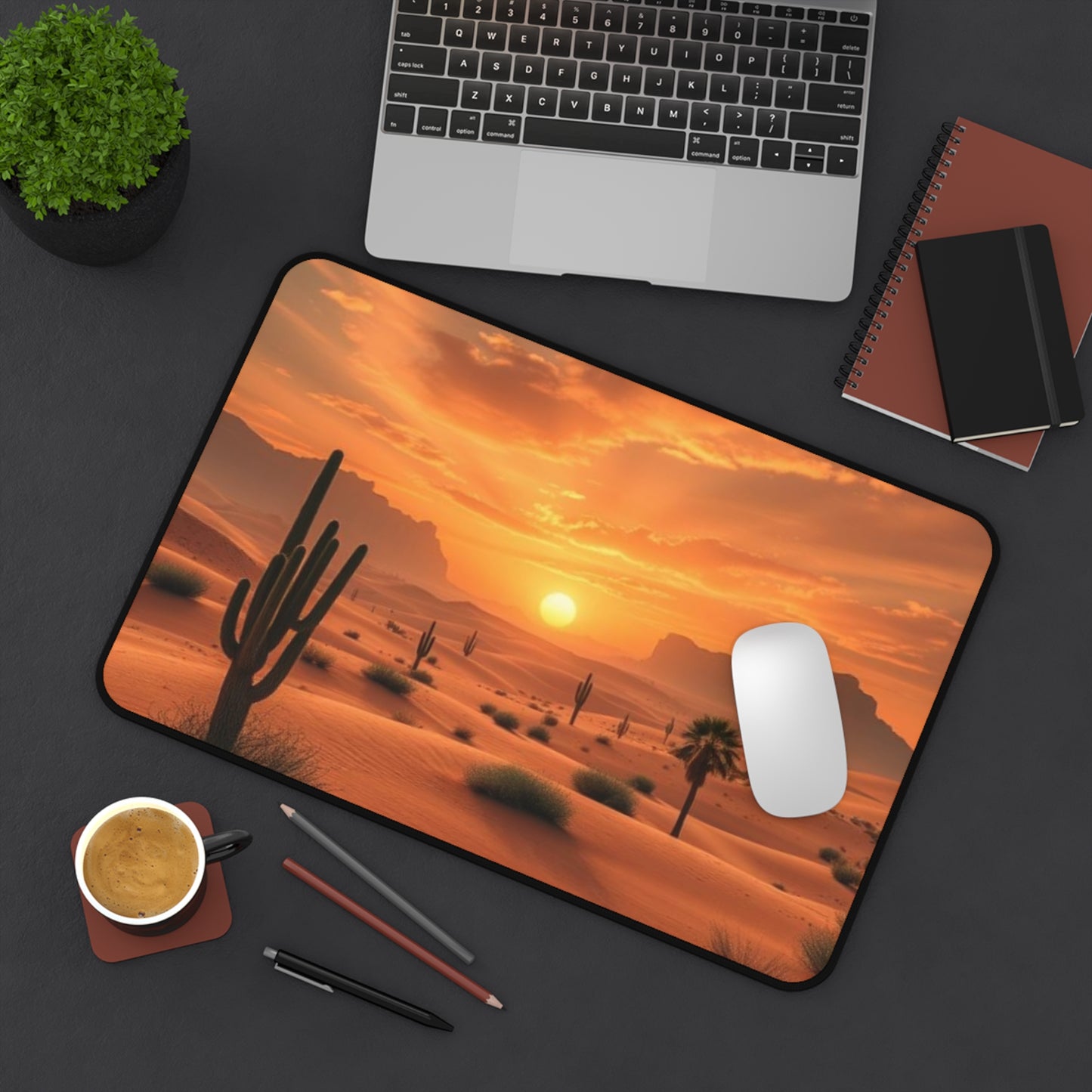 Desert Sunset Desk Mat | Unique Office Decor | Personalized Gaming Mouse Pad, Eco-friendly Workspace, Cactus Design Gift