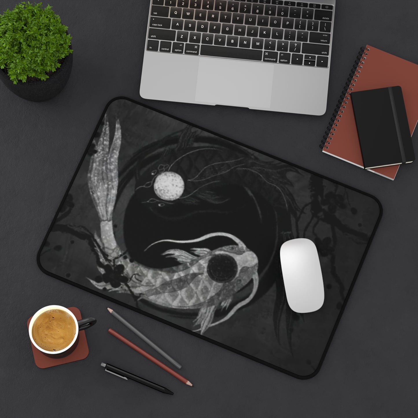 Minimalist mouse pad with a serene yin-yang inspired pond design, calm and balanced.
